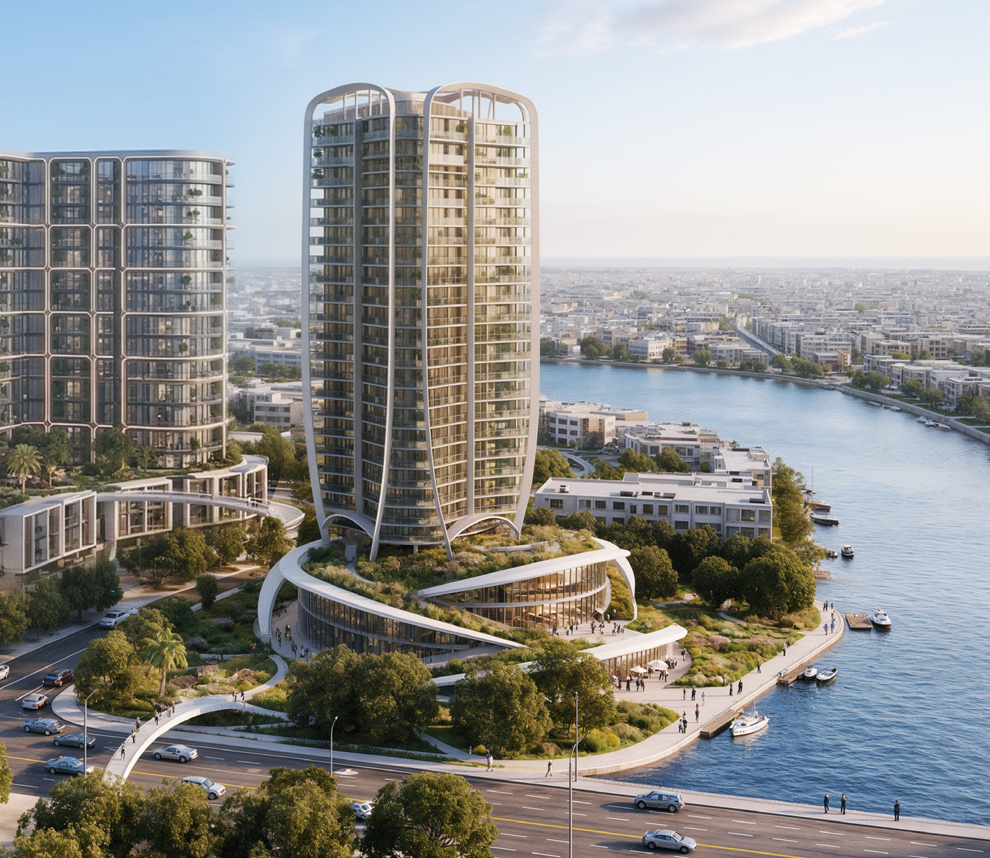 The River Forum – aerial view of the tower and civic podium on the river