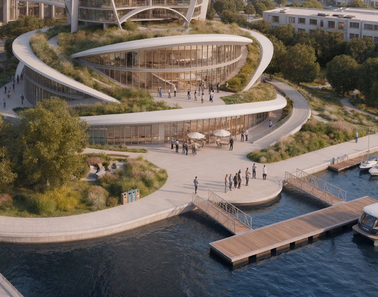 The River Forum – waterfront terraces and dock